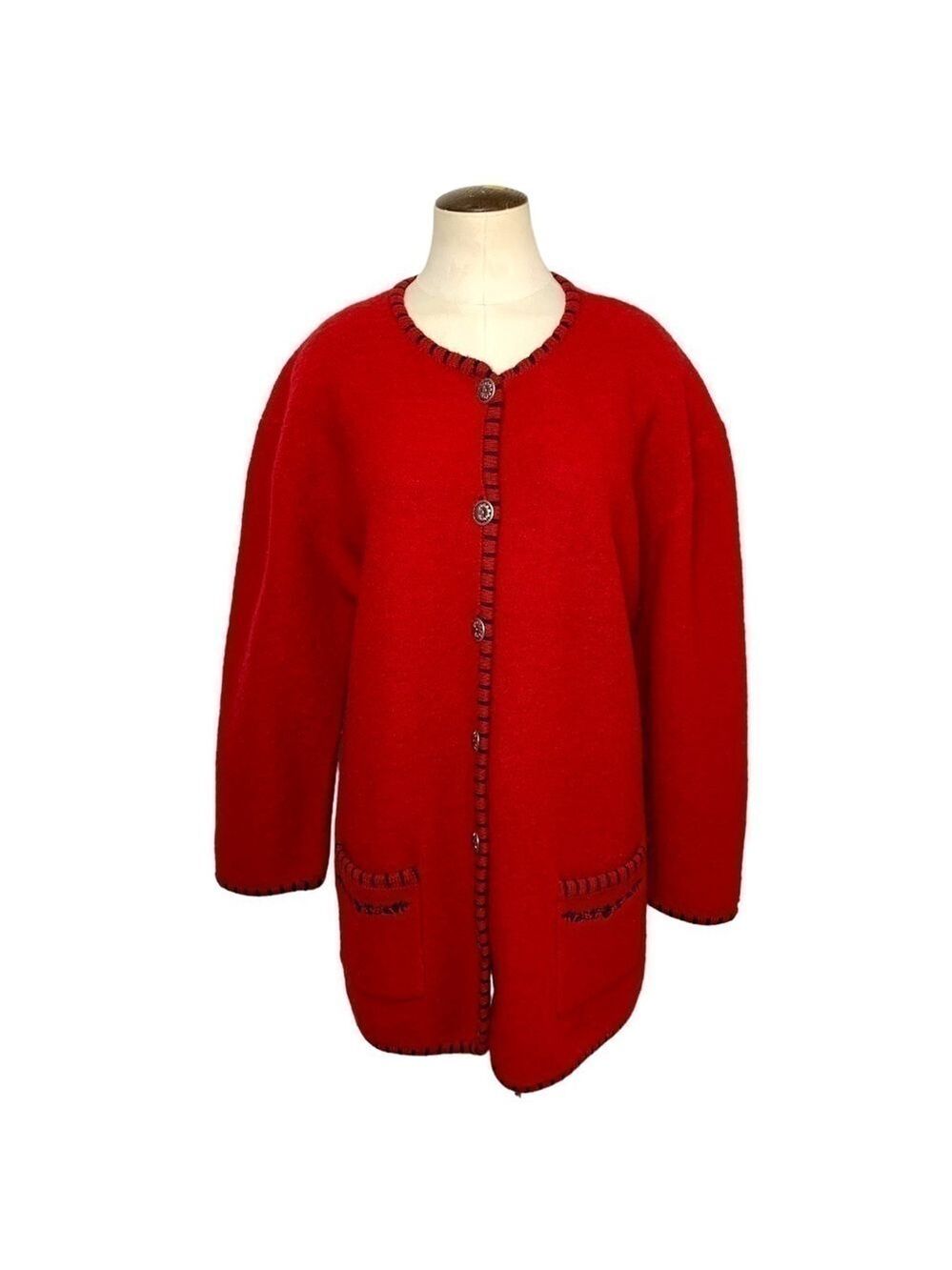 Vintage Boiled Wool Cardigan Jacket Sz 1X Knit Red Black Embroidered Classic
